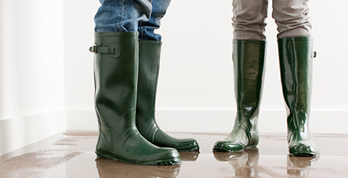 image of two people shown from the knees down in knee-high boots standing in water in a house.